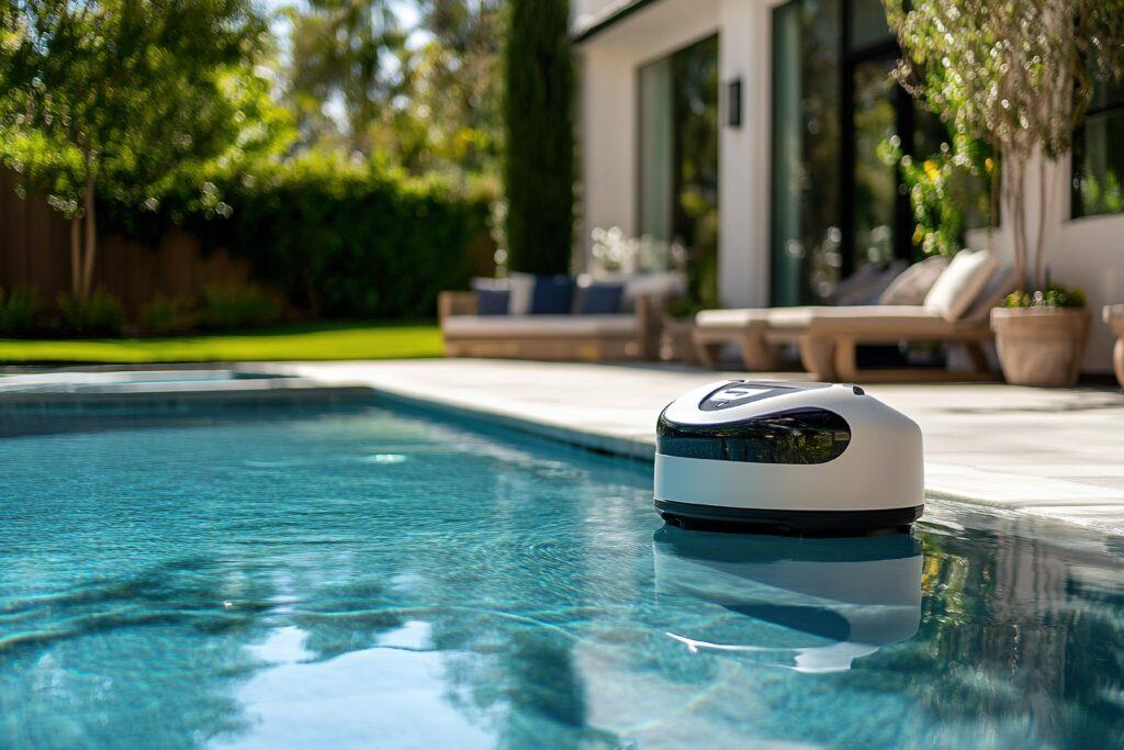 Robotischer Poolreiniger in einem luxuriösen Garten mit sonniger Atmosphäre