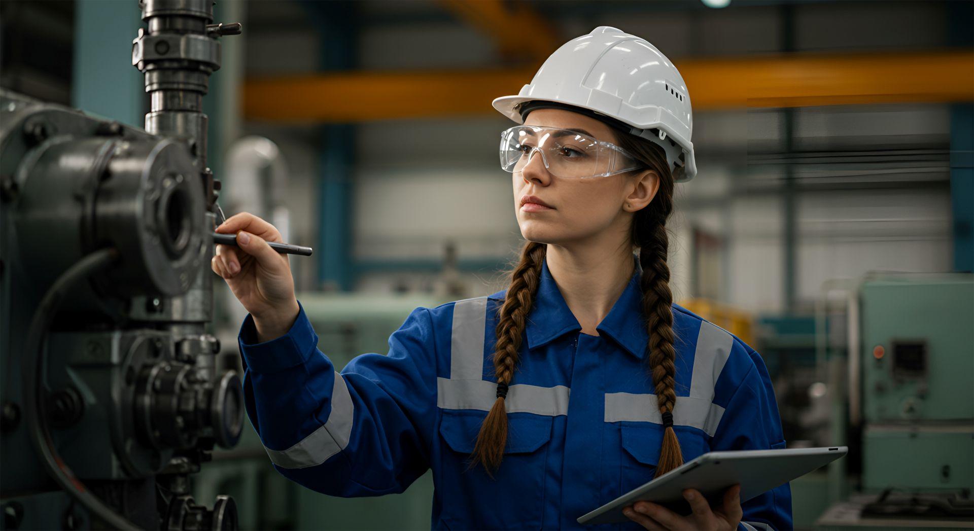 Ingenieurin fuehrt Qualitaetskontrolle an industrieller Maschine durch, traegt Schutzhelm und Schutzbrille, haelt Tablet fuer technische Dokumentation