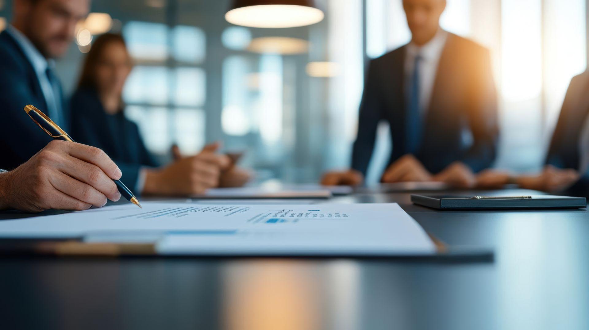 Detailaufnahme eines Business-Meetings, Hand schreibt auf Vertragsdokument, unscharfe Geschaeftsleute im Hintergrund diskutieren Strategien