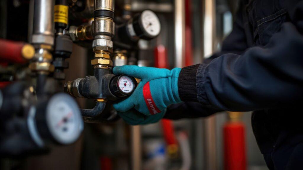 Techniker prüft den Druck an einer Hauswasserwerkpumpe mit Manometer und Handschuhen in einer Heizungsanlage