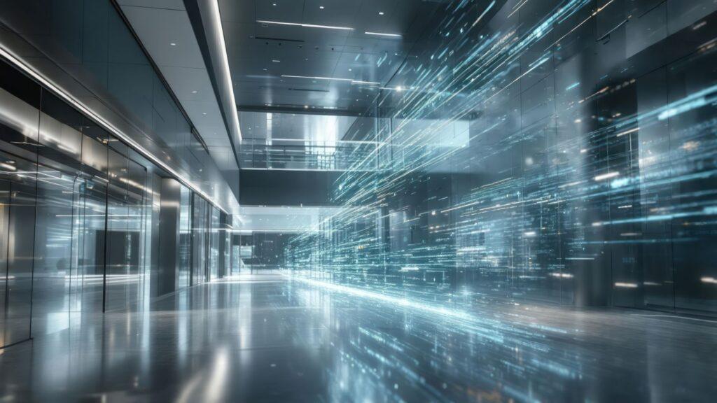 Moderner Flur mit abstrakten Licht- und Datenströmen; steht für digitale Transformation, IT-Sicherheit und den Weg zu klarer Struktur durch Beratung.