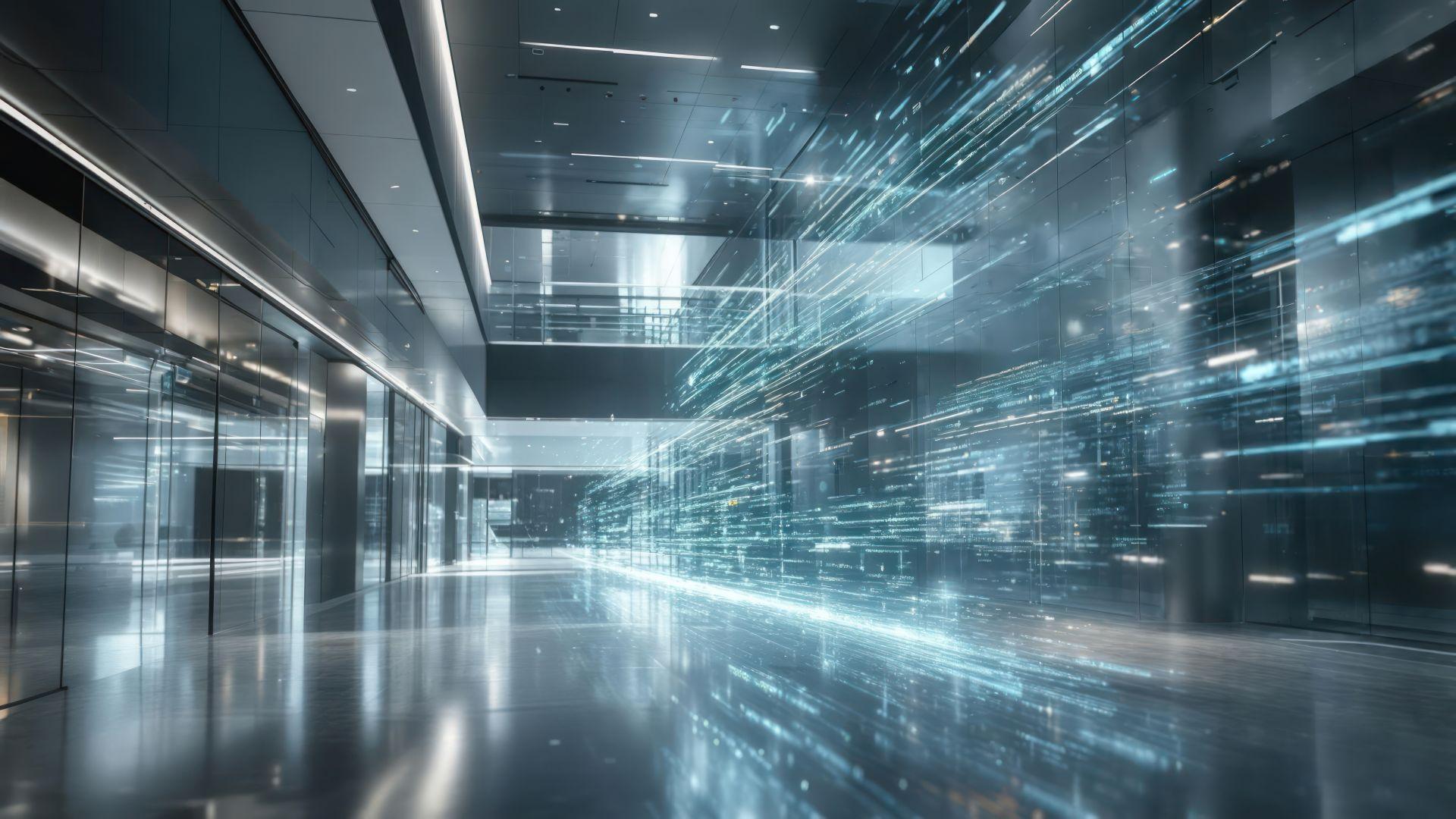 Moderner Flur mit abstrakten Licht- und Datenströmen; steht für digitale Transformation, IT-Sicherheit und den Weg zu klarer Struktur durch Beratung.