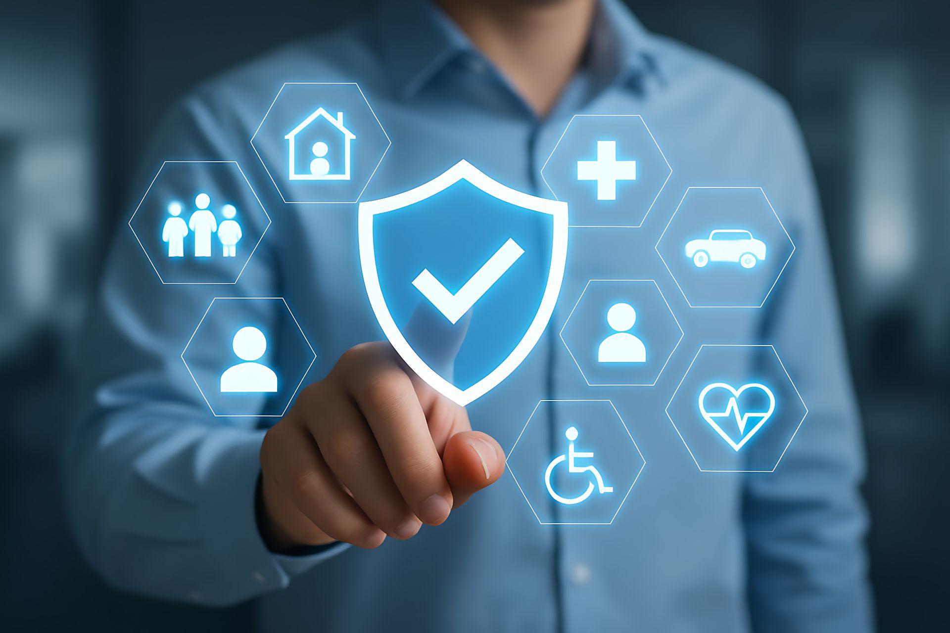 Person berührt ein holografisches Schutzschild-Symbol mit Checkmark, umgeben von Icons für Daten und Sicherheit; visualisiert IT Security Beratung, Schutz und Compliance.